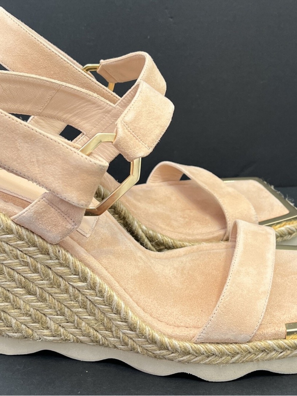 Good American Taupe Suede Platform Espadrille Sandals with Gold Trim
